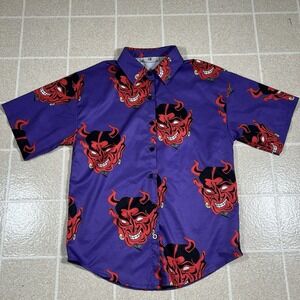 Mens Button Up Short Sleeve Devil Head Aop Shirt Size Small